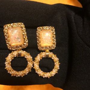 Opal Textured Golden Square Drop Earrings